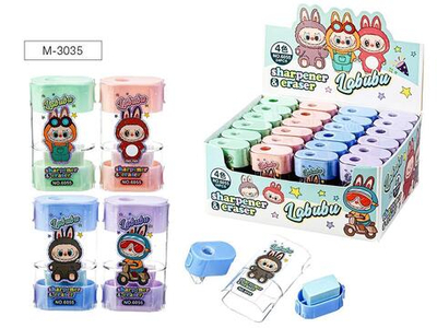 Точилка 2отв. пластик "Зубастик" ластик, с контейнером, 4 дизайна (Mazari)