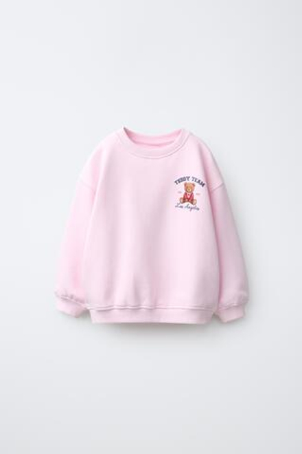 ZARA ТОЛСТОВКА С ПРИНТОМ ТЕДДИ, РОЗОВЫЙ/БЕЛЫЙ
