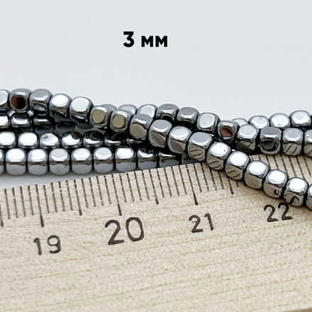 Гематит Куб бусины (имитация), цвет серебро, размер 2,9 мм, цена за отрезок 19 см (1/2 нити)