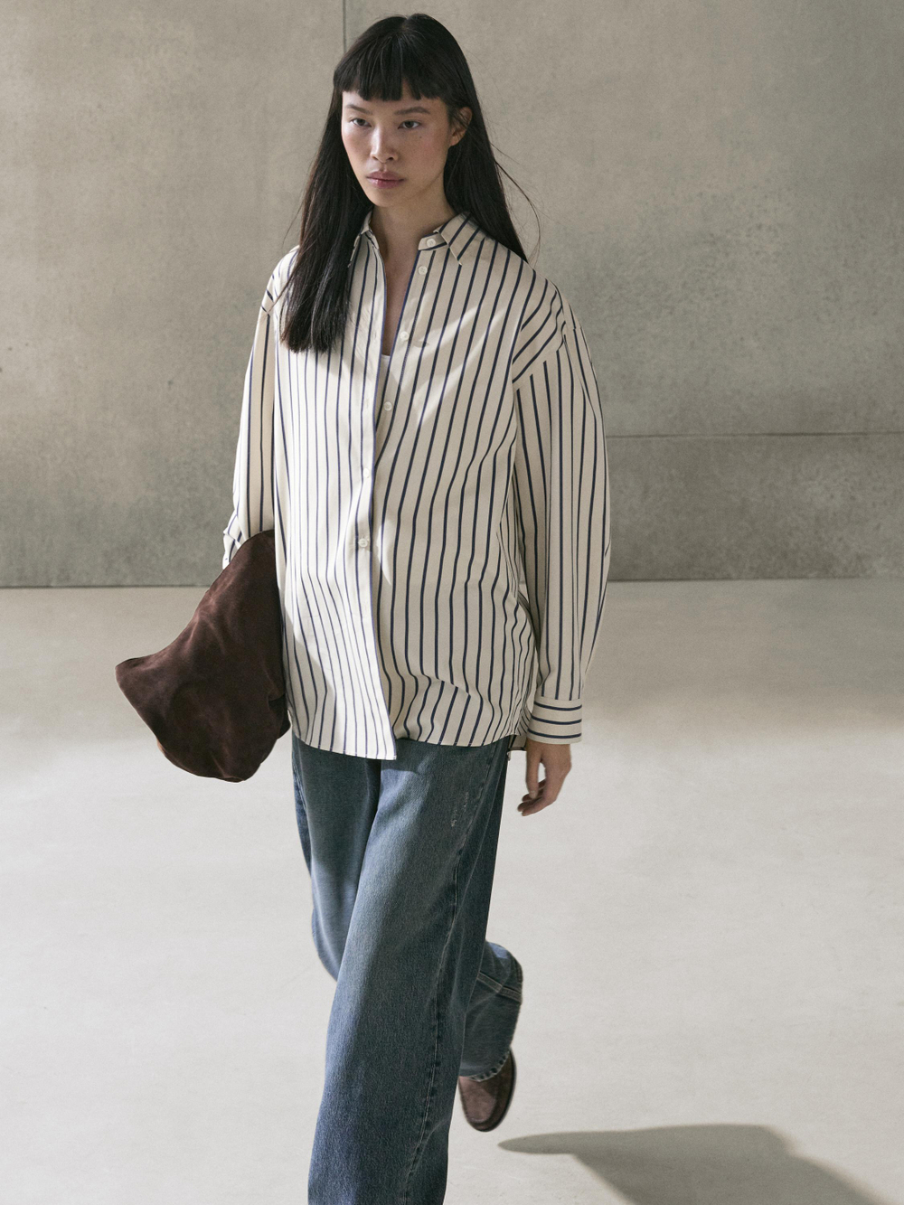 Massimo Dutti Рубашка из 100% хлопка в полоску, ванильный