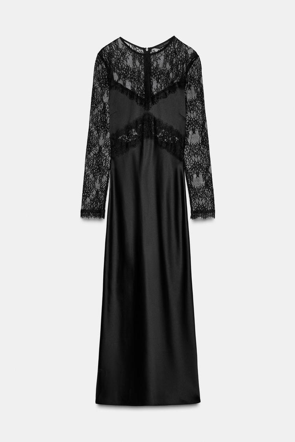 ZARA ДЛИННОЕ ПЛАТЬЕ С КОМБИНИРОВАННЫМ КРУЖЕВОМ, ЧЕРНЫЙ