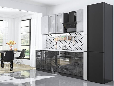 Прямая модульная кухня Валерия-М-03 Серый металлик дождь светлый/Черный металлик дождь - Graphite 2140*2400*600
