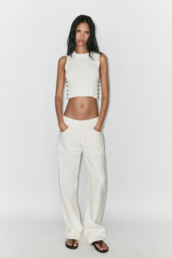 ZARA ТРИКОТАЖНЫЙ ТОП В РУБЧИК, БЕЛЫЙ