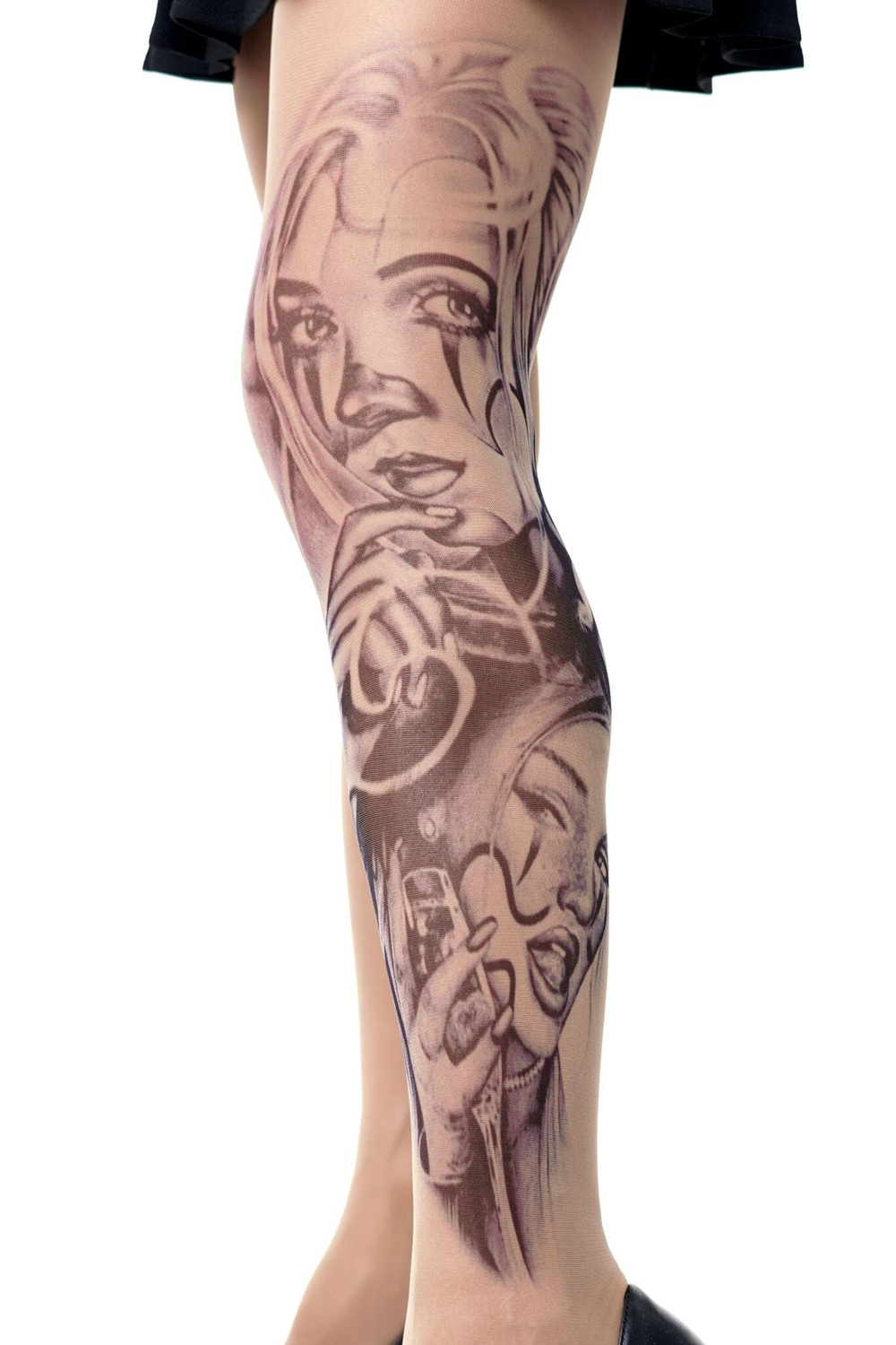 Колготки с имитацией тату в виде клоунесс (Размер: S-M-L) (Цвет: бежевый)