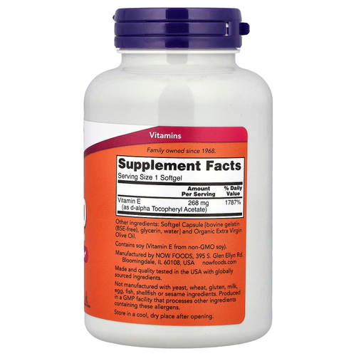 NOW Foods, натуральный витамин E-400, 268 мг, 250 капсул