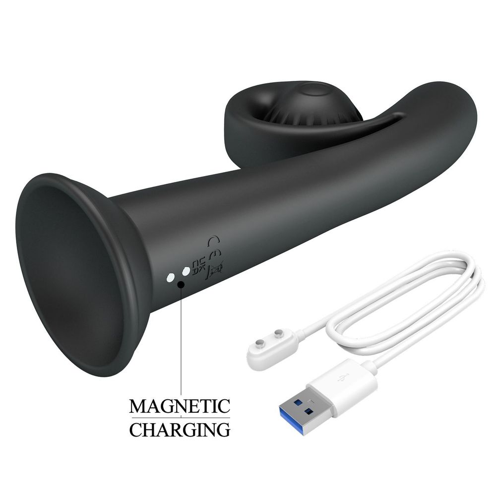 Черный вибратор на присоске с закрученным клиторальным отростком - 20 см. (Цвет: черный)