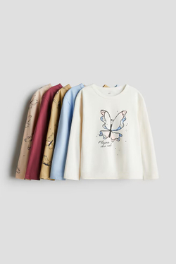 H&M Набор из пяти хлопковых футболок с длинными рукавами и принтом ,разноцветный