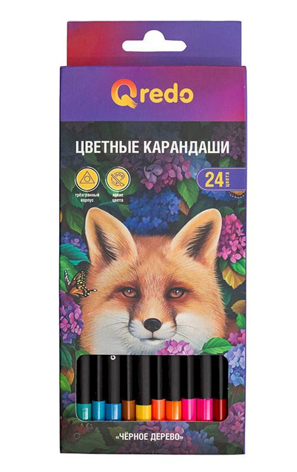 Карандаши цветные Qredo Fox, 24 цвета, пластиковые, трехгранные