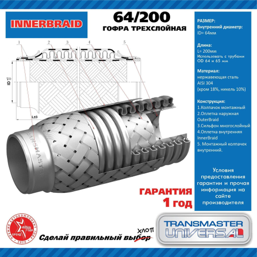 Гофра глушителя виброкомпенсатор 64x200 3х-слойная 64200 Transmaster