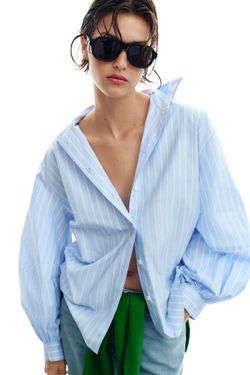 ZARA РУБАШКА В ПОЛОСКУ С ОБЪЕМНЫМИ РУКАВАМИ, ВАСИЛЬКОВЫЙ