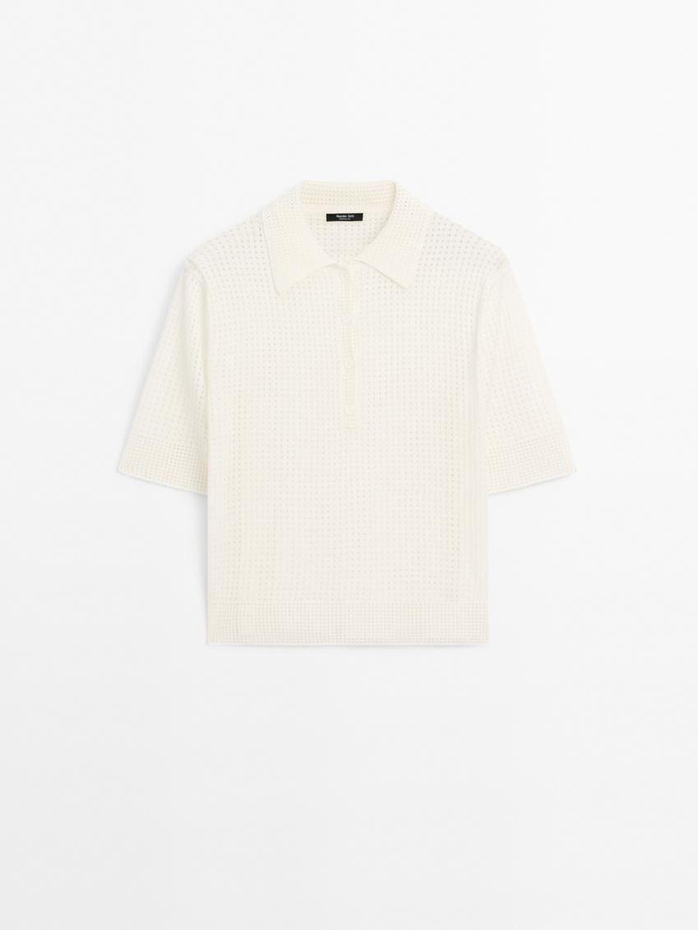 Massimo Dutti Свитер ажурной вязки с воротником поло, натуральный, кремовый