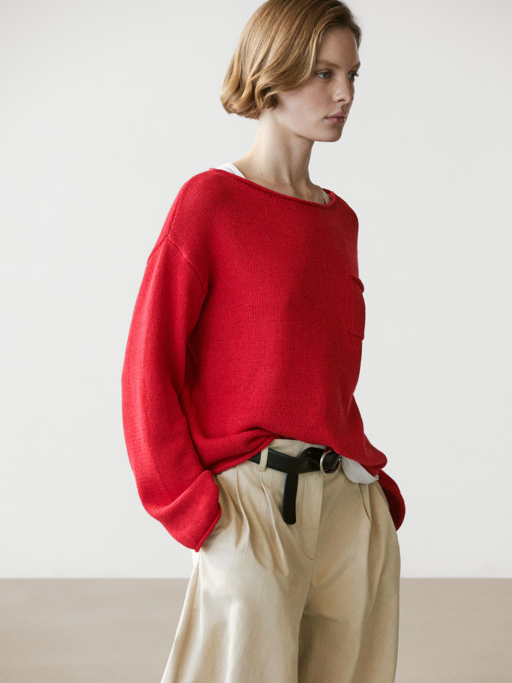 Massimo Dutti Свитер из хлопкового и льняного трикотажа с карманом, красный