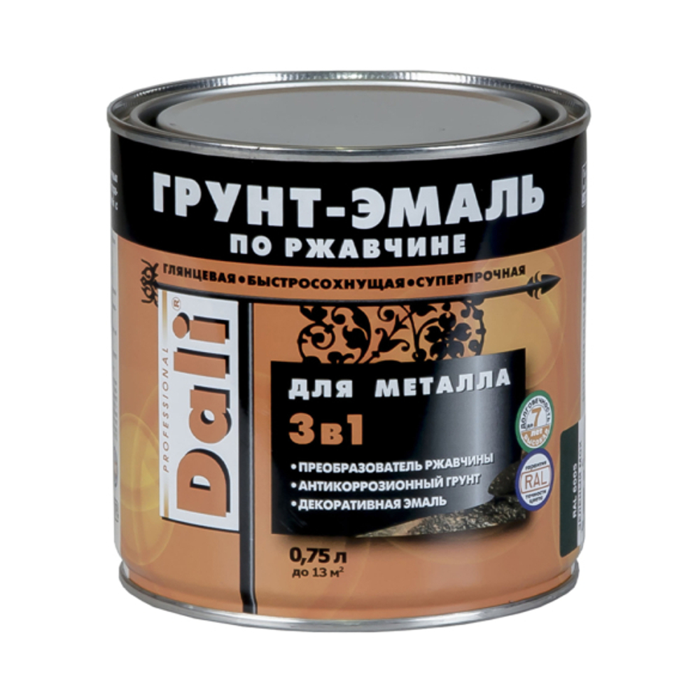ГРУНТ- ЭМАЛЬ ПО РЖАВЧИНЕ "DALI"  3 В 1  БЕЛАЯ (RAL 9010) 0,75л "РОГНЕДА"