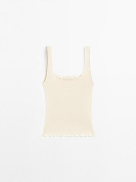 Massimo Dutti Топ из 100% хлопка в рубчик с воланами, бежевый