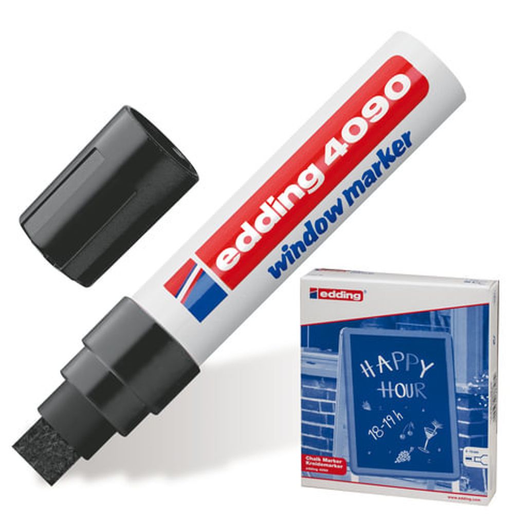 Маркер меловой EDDING "4090", 4-15 мм, ЧЕРНЫЙ, влагостираемый, для гладких поверхностей, Е-4090/1