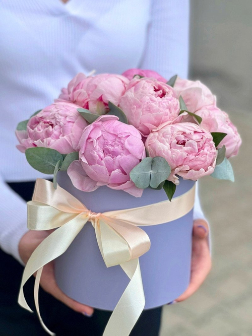 Композиция из пионов в шляпной коробке "Tender Velvet"