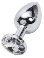 Серебристая анальная пробка из металла с прозрачным стразом - 7 см. (Цвет: прозрачный)