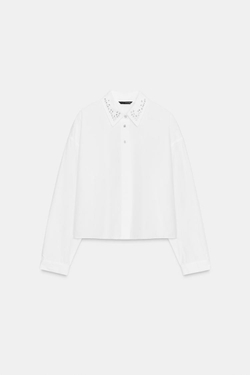 ZARA РУБАШКА ИЗ ПОПЛИНА С БУСИНАМИ И СТРАЗАМИ, БЕЛЫЙ