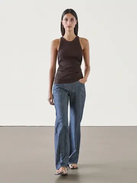 Massimo Dutti Хлопковый топ в рубчик без рукавов, коричневый