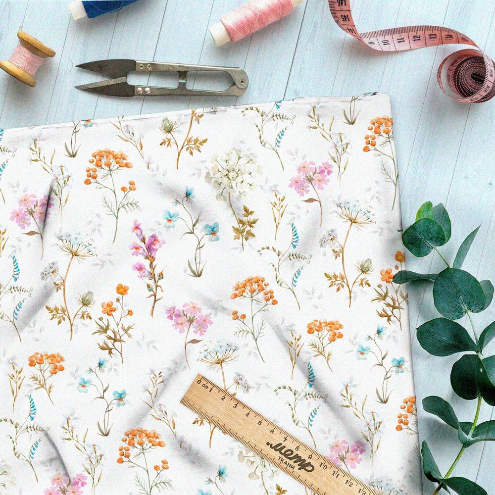 Ткань кулирная гладь одуванчики, рябина и подснежники