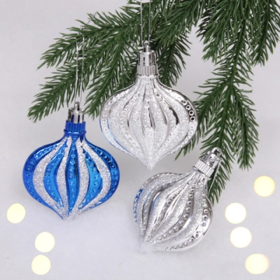 Ёлочные игрушки «Капельки» 8,5 см (набор 3 шт), серебро, синий