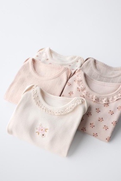 ZARA НАБОР ИЗ ПЯТИ БОДИ С ЦВЕТОЧНЫМ ПРИНТОМ, ПУДРОВО-РОЗОВЫЙ