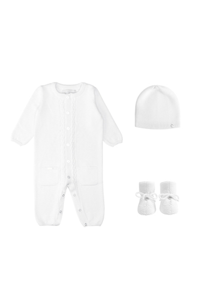 Комплект из хлопка: комбинезон с косами, шапочка и пинетки (Белый)
