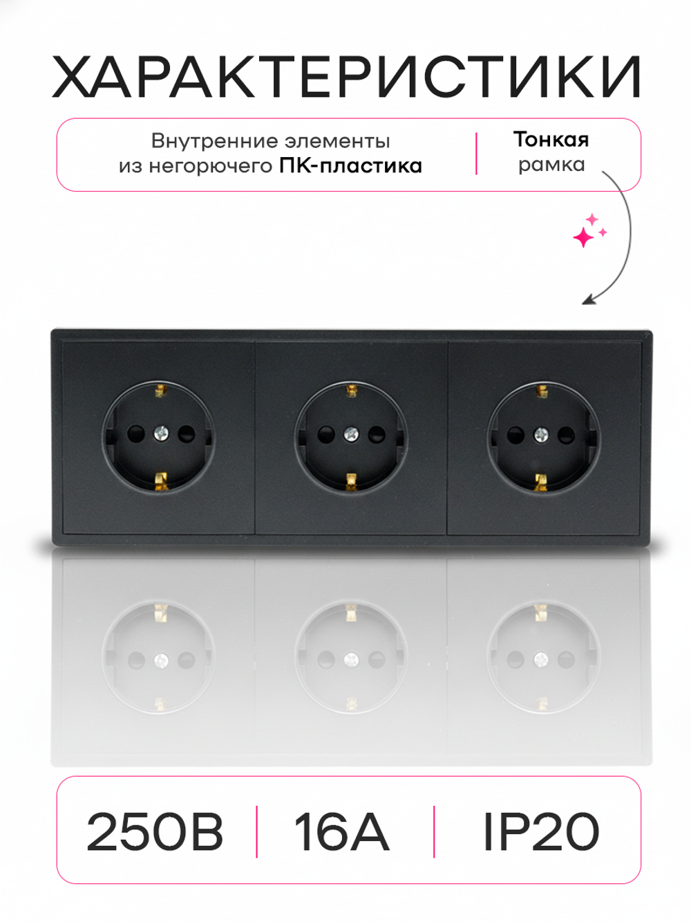 Розетка внутренняя тройная с заземлением черная
