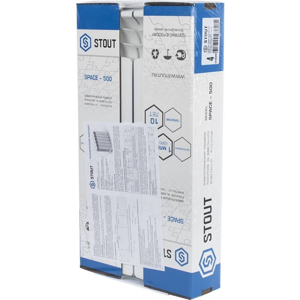 Радиатор биметаллический STOUT Space 500 - 4 секции (подключение боковое, цвет белый)