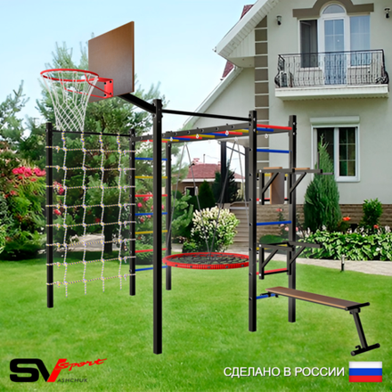 Уличная шведская стенка Sv Sport рукоход с комплектом турник прямой 2шт У5536К (Брусья/Стойка/Скамья/Гнездо 80см/Щит баскет/Сетка)