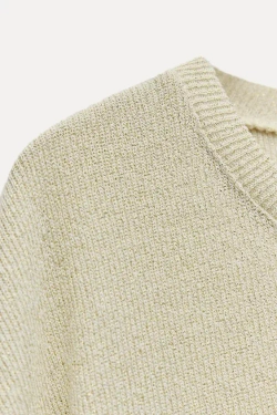 ZARA ТОП С БЛЕСТЯЩЕЙ НИТЬЮ И КОРОТКИМИ РУКАВАМИ, ЗОЛОТОЙ