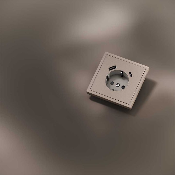Накладка для розетки с заземлением и защитными шторками, с USB A+C, S70 Metal (платина) Voltum VLSM001010