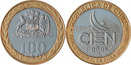 Чили 100 песо, 2025 100-летие Центрального банка Чили