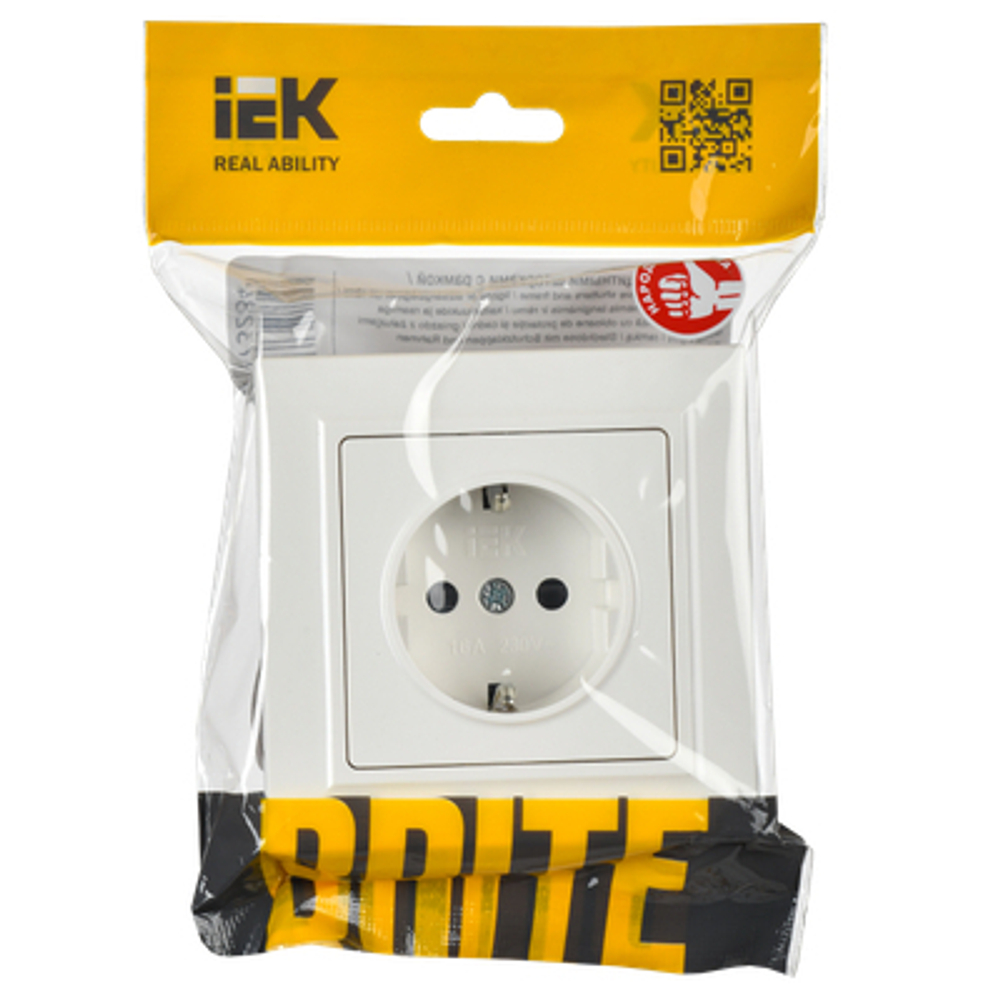 BRITE Розетка 1-местная с заземлением с защитными шторками 16А в сборе РСР14-1-0-БрБ белый IEK