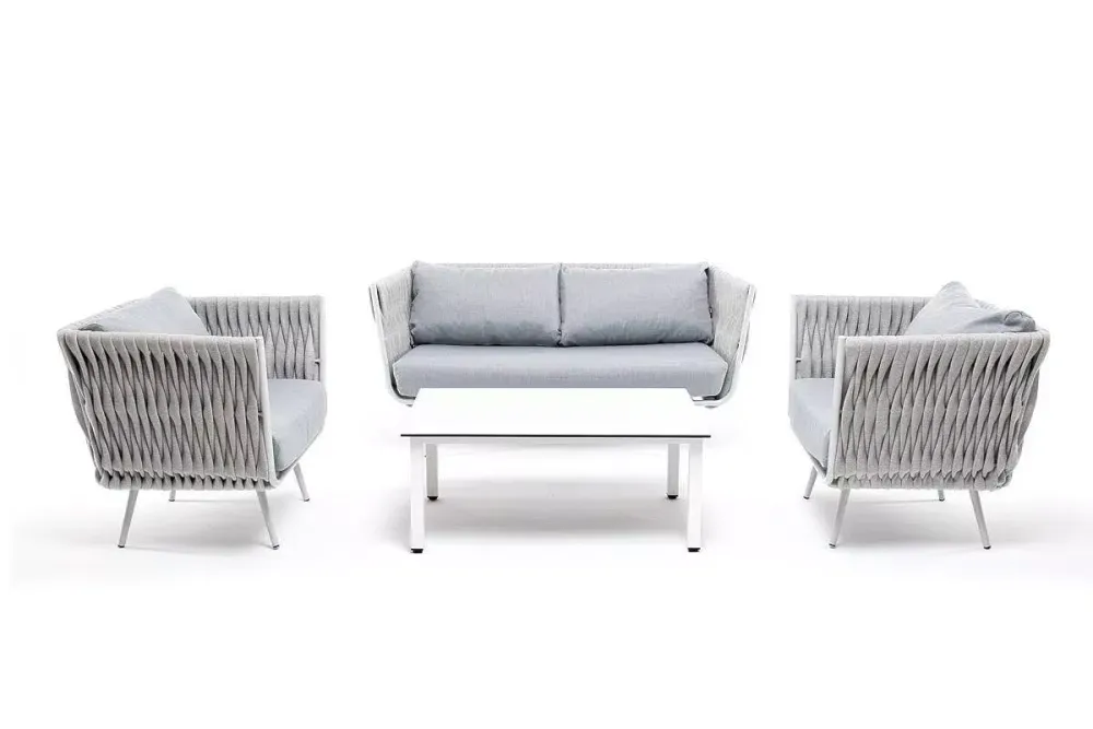 "Монако" лаунж-зона 4-местная из роупа со столом "Верона" (серый гранит), каркас светло-серый, роуп светло-серый