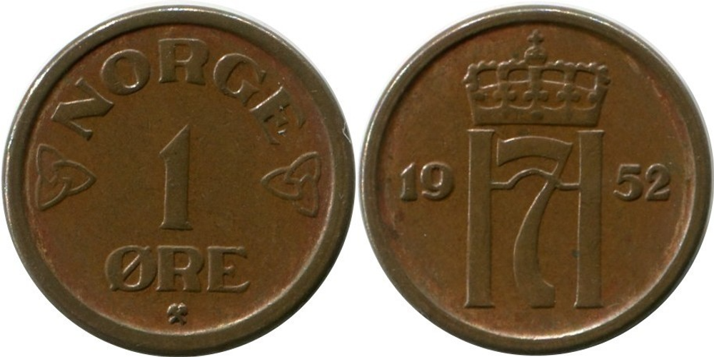 Норвегия 1 эре, 1952 - 1957 Король Хокон VII XF
