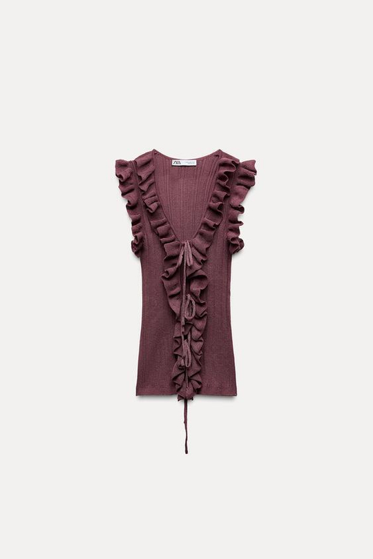 ZARA ТРИКОТАЖНЫЙ ТОП С ВОЛАНАМИ И ЗАВЯЗКАМИ, ПЫЛЬНЫЙ РОЗОВЫЙ