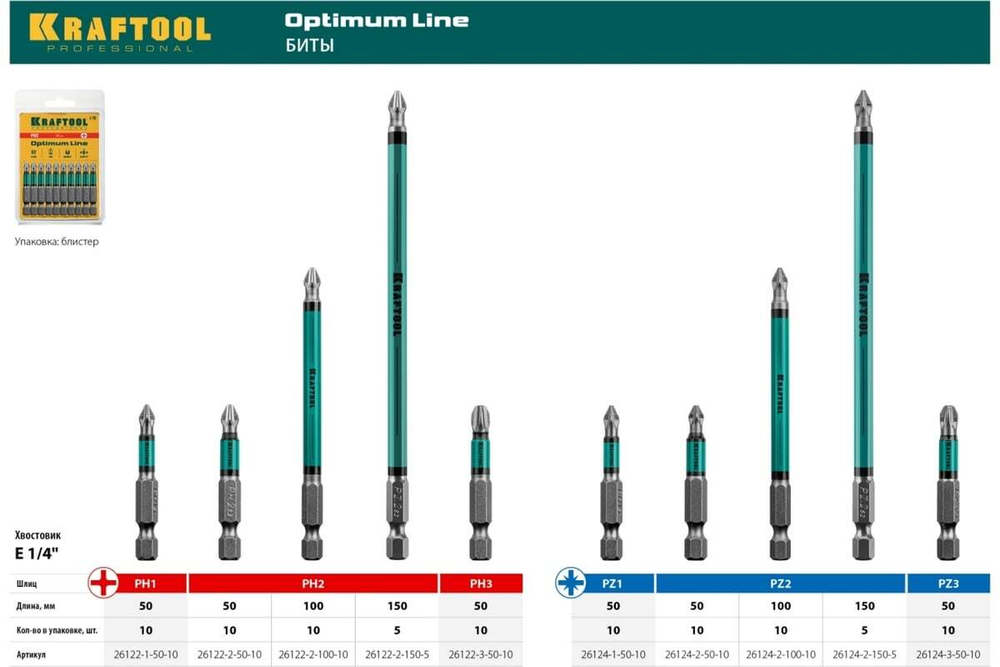 Биты профессиональные KRAFTOOL Optimum Line PZ2, 50 мм, хвостовик E 1/4", (цена за 1 биту)