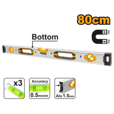 Строительный алюминиевый уровень магнитный INGCO HSL38080M INDUSTRIAL 80 см