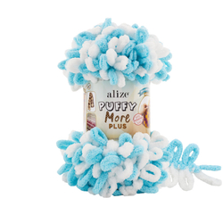 Пуффи Море ПЛЮС (Puffy More plus) пряжа Alize 100%микрополиэстер 2х250г/11м (8001 белый/бирюзовый)