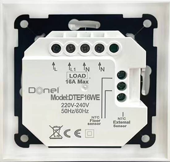 Термостат с датчиком пола,  16 A,  55*55 мм.,  белое стекло