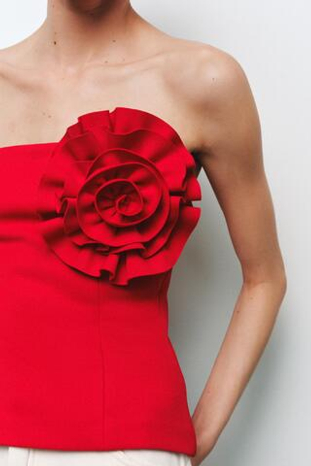 ZARA ТОП С ОТКРЫТЫМИ ПЛЕЧАМИ И ЦВЕТКОМ, КРАСНЫЙ