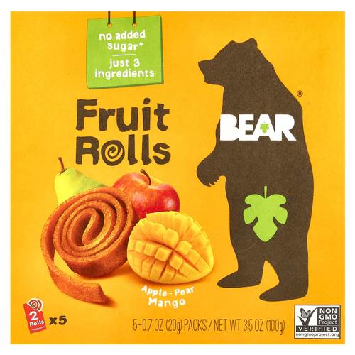 Bear, Fruit Rolls, яблоко-груша и манго, 5 пакетиков по 20 г (0,7 унции)