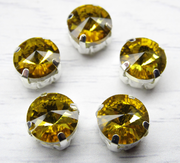 РЦ005НН12 Хрустальные стразы круглой формы в цапах "риволи", цвет: желтый, размер: 12 мм, 5 шт.