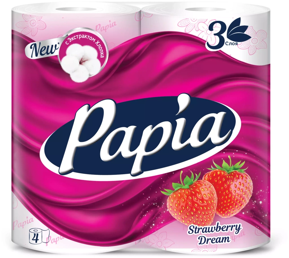Туалетная бумага Papia Strawberry Dream белая трёхслойная 4 рул.