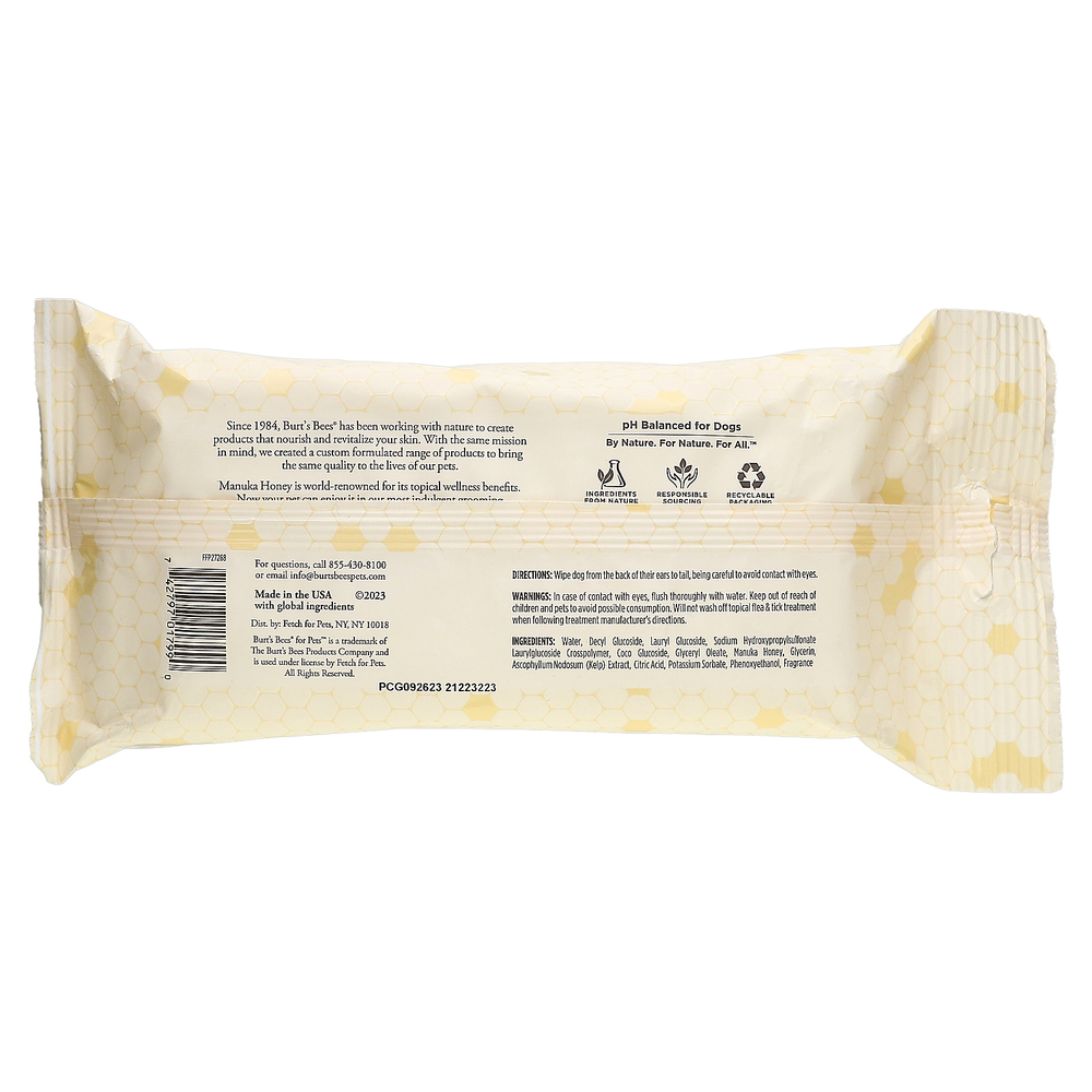 Burt's Bees, Многоцелевые салфетки с водорослями Manuka Honey, для собак, с молоком и медом, 50 салфеток