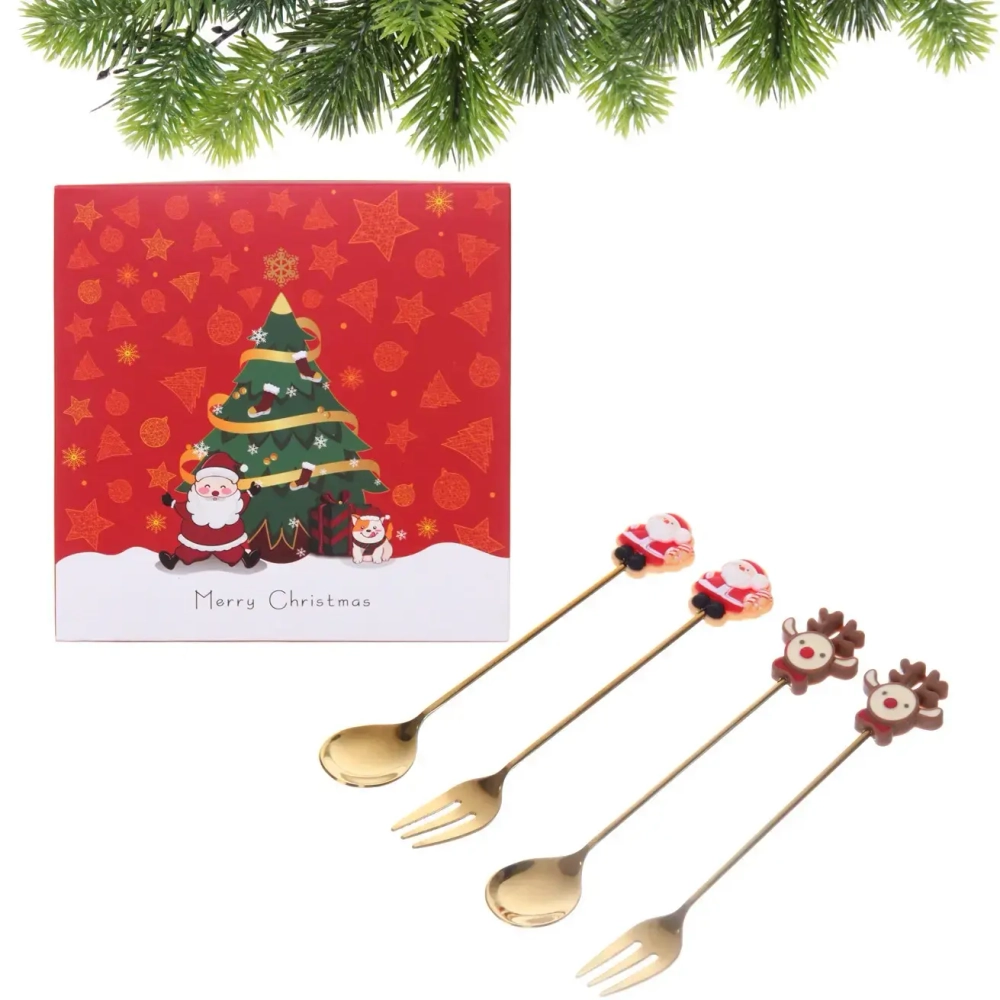 Набор для десерта «Дед Мороз и Олень» 4предмета (2ложки+2вилки) в подарочной коробке, золото