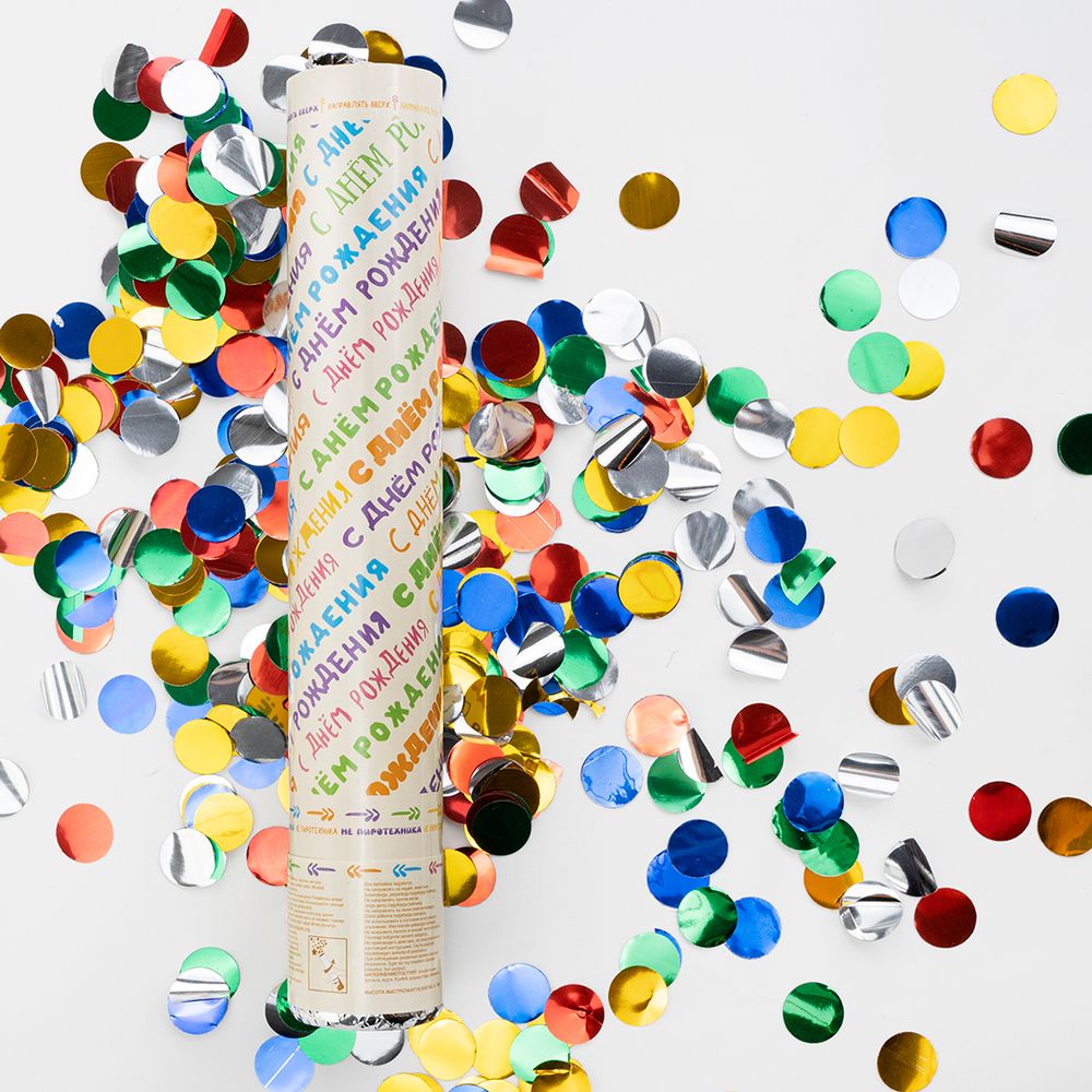Пневмохлопушка (12/30 см), С Днем Рождения, Круги фольга, Ассорти, 1 шт.