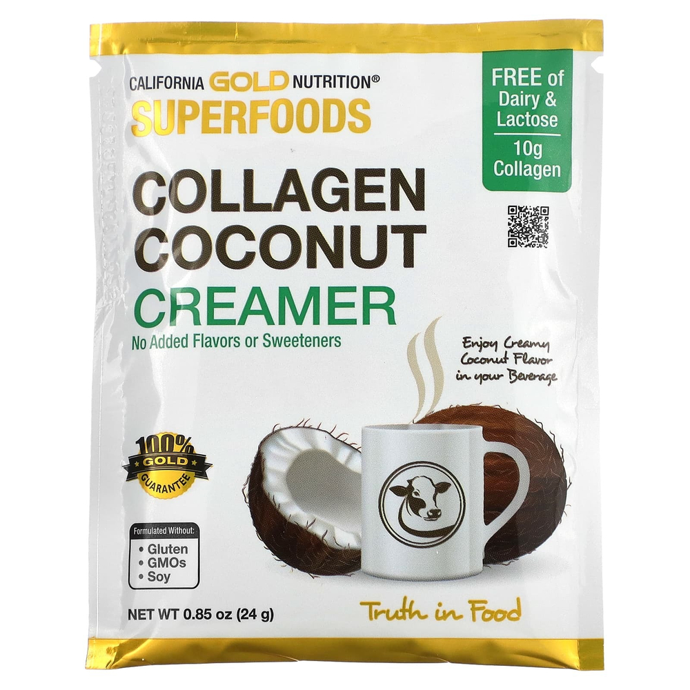 California Gold Nutrition, Superfoods, кокосовые сливки с коллагеном, с органическим сухим кокосовым молоком и пептидами гидролизованного коллагена, без подсластителей, 12 пакетиков по 24 г (0,85 унции)