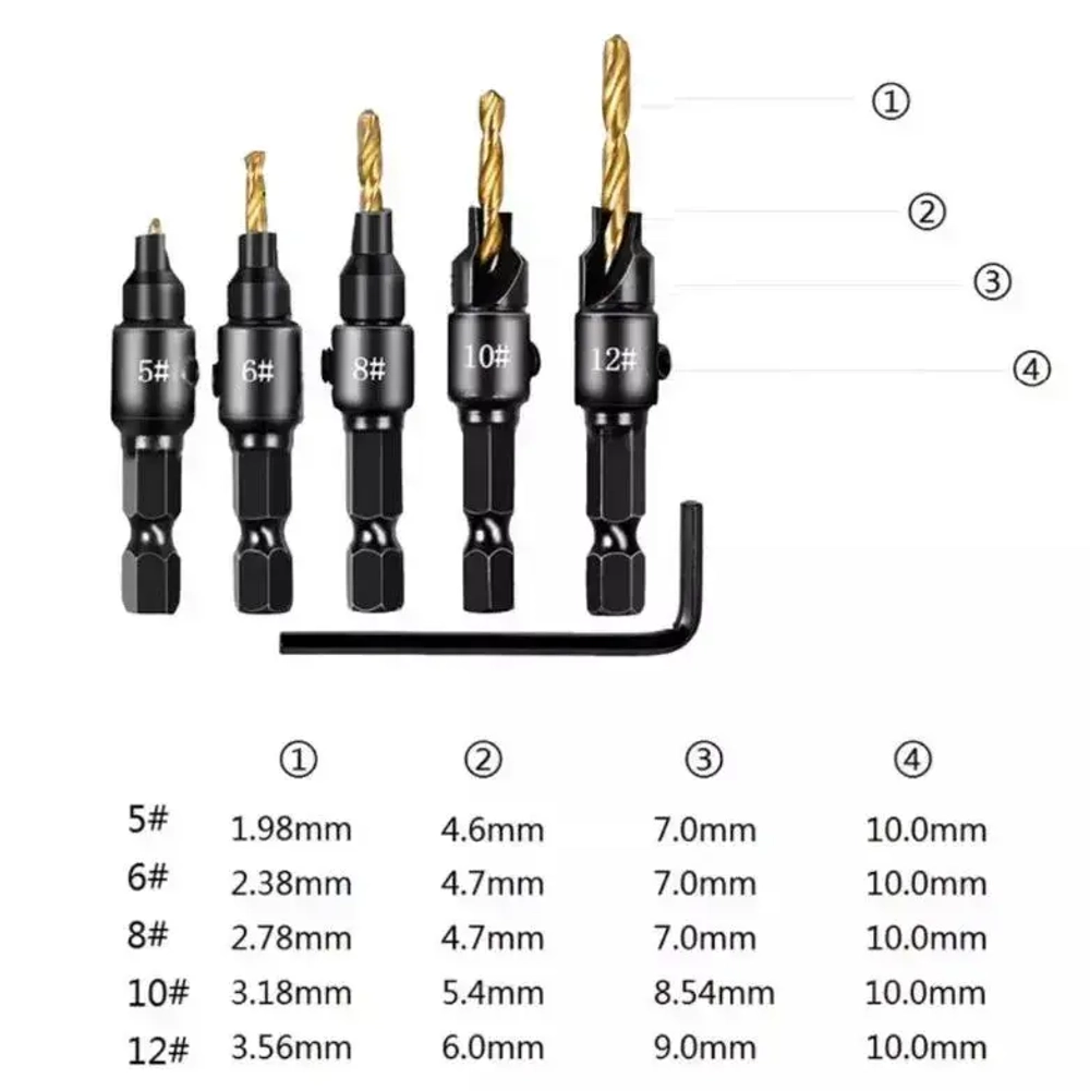 Сверло с зенкером под конфирмат с шестигранным хвостовиком по дереву набор 5 шт. Набор зенковок со сверлами
